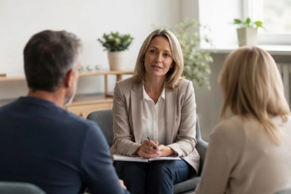 Couple discussing financial arrangement , pensions in divorce Hatfield